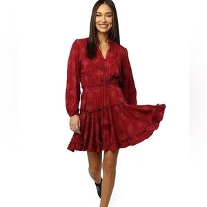 DEAR JOHN Women's Abella V-Neck Long Sleeve Woven Mini Dress Red Floral Boho XL